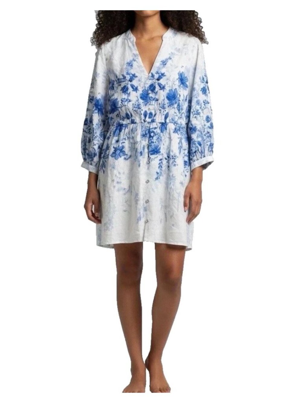 Calypso St Barth Blue White Floral Linen Blend Long Sleeve Mini Dress Large Boho